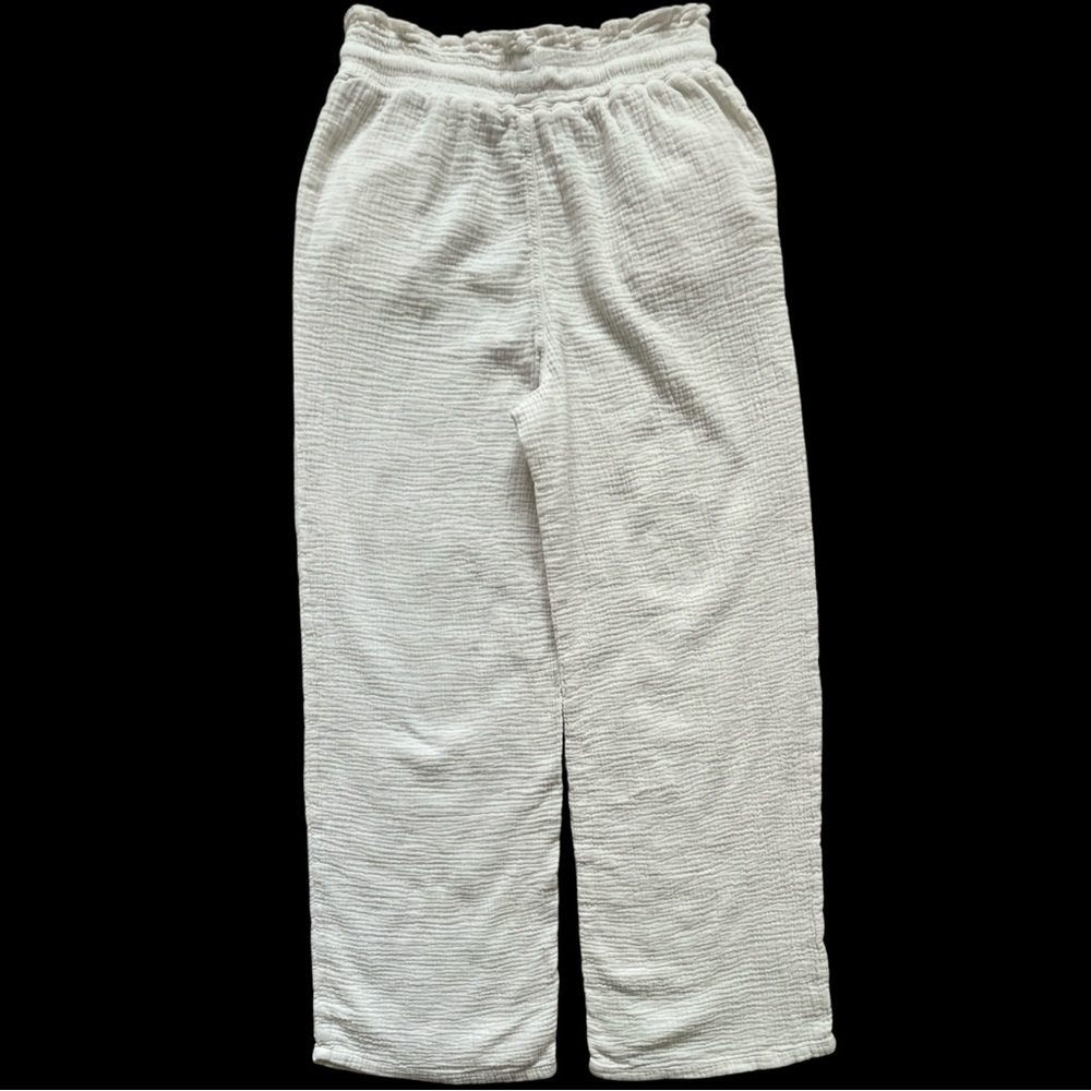 Mango Wide Leg Pants Pull On Drawstring 100% Cotton Cream Coastal Lightweight - Picture 2 of 8